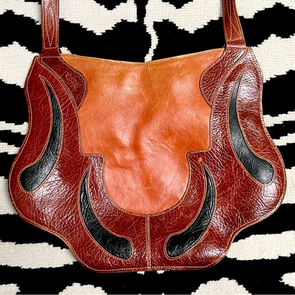 Vintage Boho Leather Inlay Leather Design Hippie Saddle Bag Crossbody Purse - Picture 5 of 13